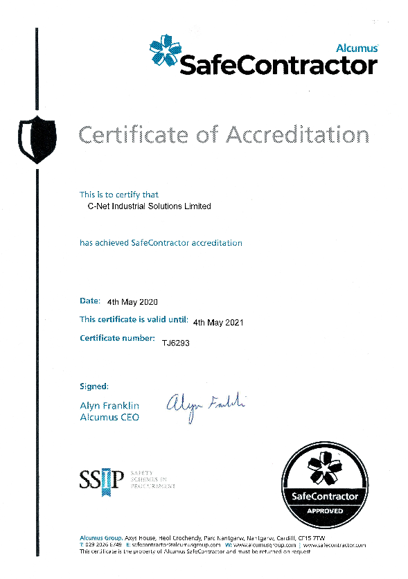 C-Net Industrial Safe Contractor Certificate 